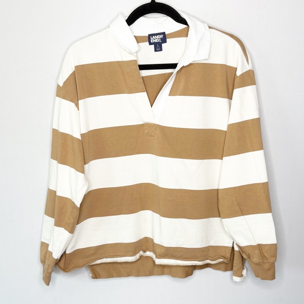 Lands End Youth Large Tan White Striped Long Sleeve V-Neck‎ Rugby Shirt Cotton